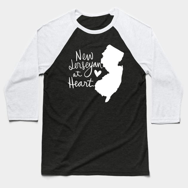 New Jerseyan At Heart: New Jersey State Pride Calligraphy State Silhouette Baseball T-Shirt by Tessa McSorley